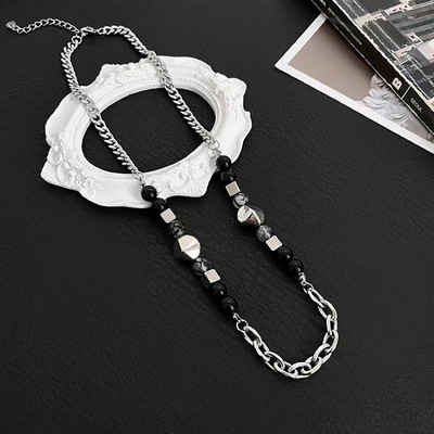 极速Titanium steel black agate hip hop collarbone necklace m