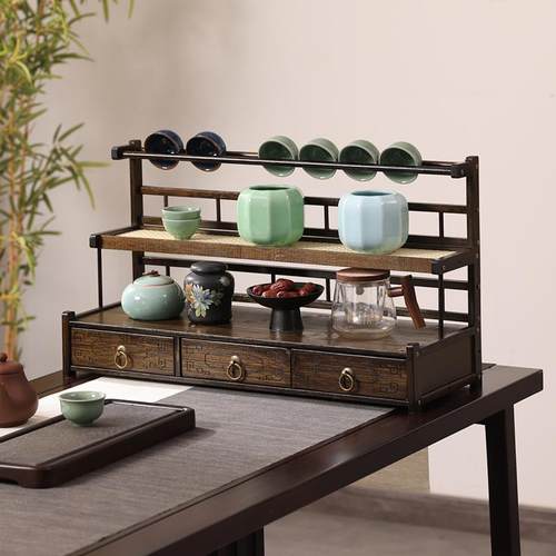 桌面博古架新中式茶具茶杯置物架小型非实木多功能紫砂壶收纳架子