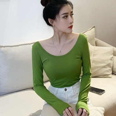 纯棉黑色低领长袖女打底衫春秋冬2023新款紧身t恤修身u领内搭上衣