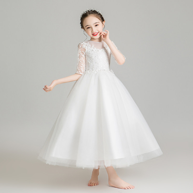 儿童礼服女童公主裙白色蓬蓬纱小花童婚纱主持人演出服钢琴表演服