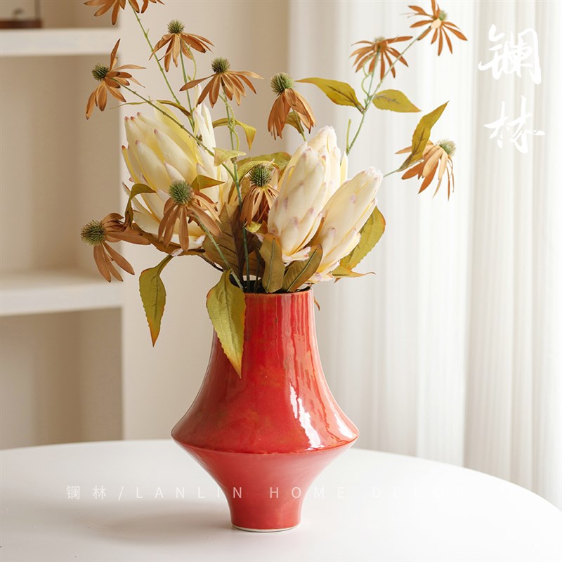 景德镇中国红复古陶瓷花瓶插干花水培两用国潮养花瓶台面家居红拂