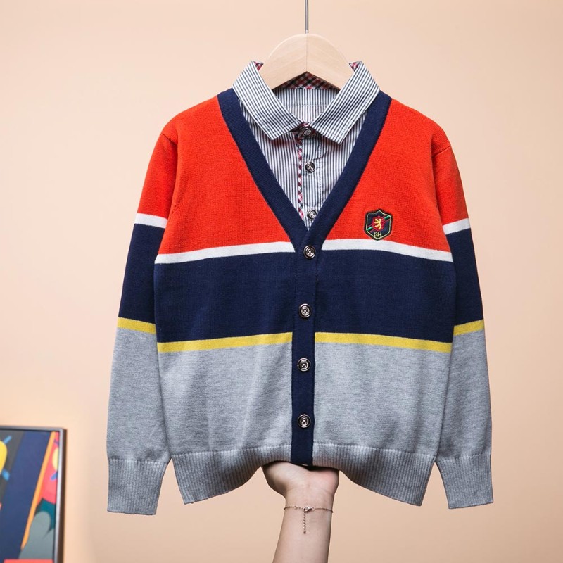 开衫春秋冬薄款男童假两件全棉线衫针织毛衣纯棉套头衬衣打底衫