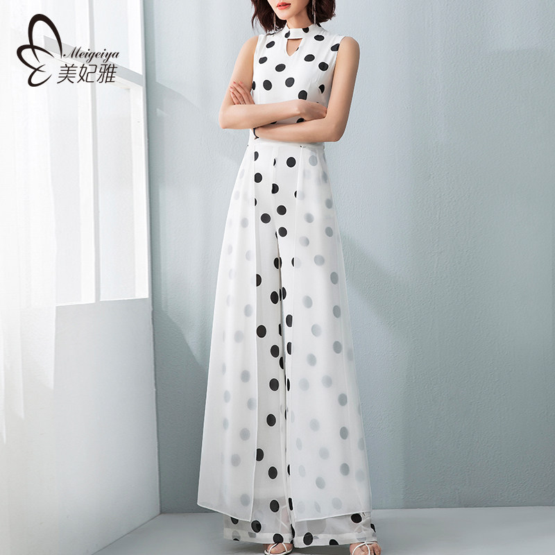 美妃雅时尚波点连体裤女夏2021新款雪纺阔腿裤套装气质连身连衣裤
