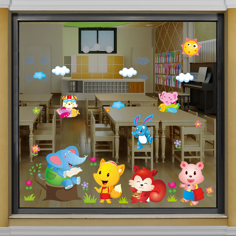 创意卡通玻璃窗防水贴纸大窗户贴画幼儿园双面装饰小图案动物门贴
