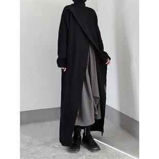 浮木兮/山本暗黑风 小众高开叉高领中长款毛衣秋冬叠穿针织连衣裙