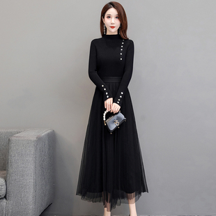 黑色毛衣针织连衣裙长款过膝网纱裙子高领加厚内搭打底长裙女秋冬
