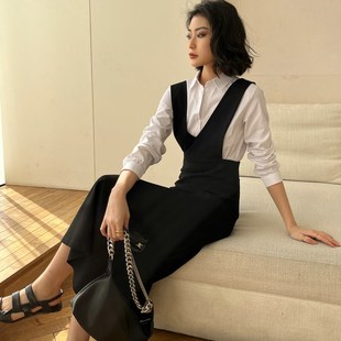 春款黑色罗马棉V领A字收腰背心裙中长款连衣裙背带裙女装无袖显瘦