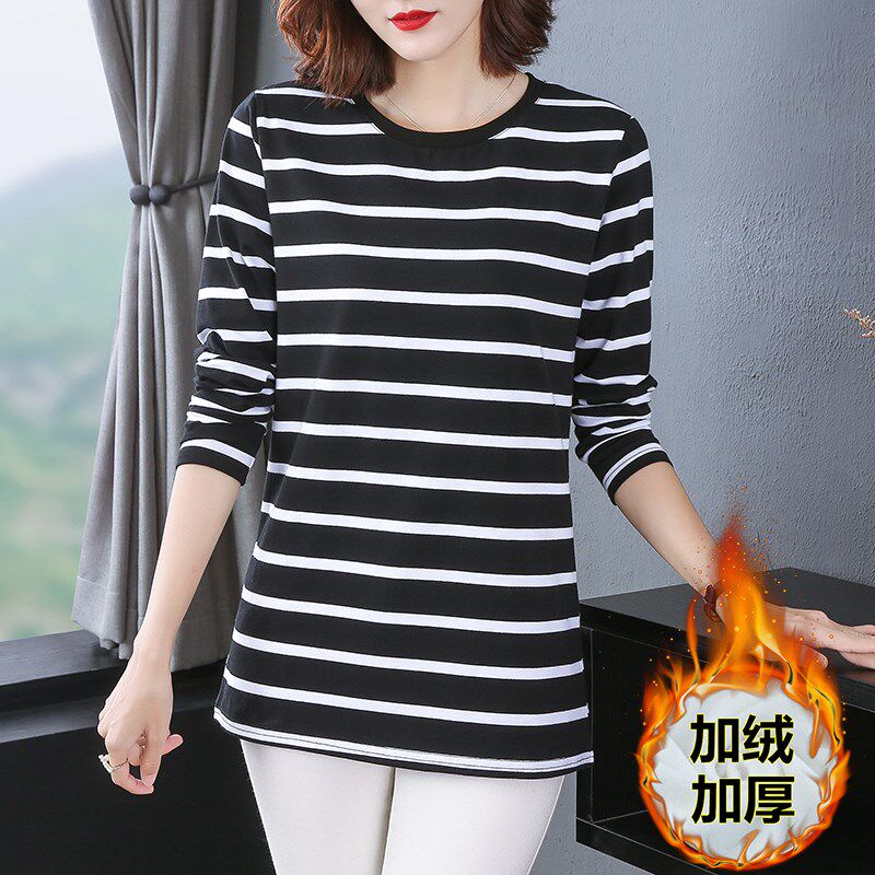 加绒加厚中长款纯棉长袖T恤女秋冬季大码宽松打底衫中年妈妈上衣