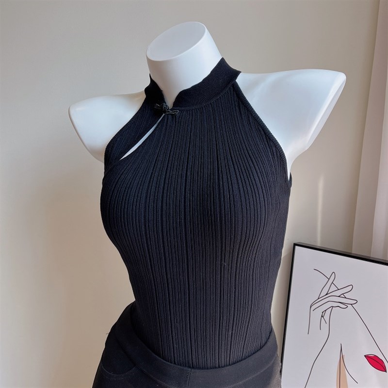 温文尔雅小女人 改良款中式盘扣旗袍领修身显瘦削肩挂脖背心上衣