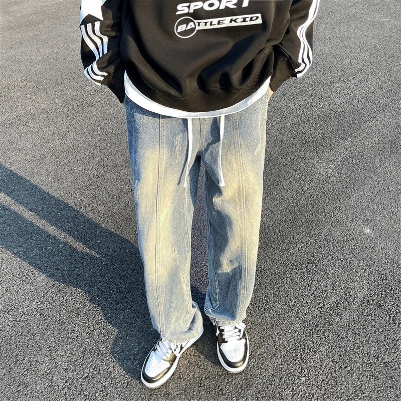 @二更 美式浅蓝色牛仔裤男款春季新款直筒休闲裤阔腿百搭宽松裤子