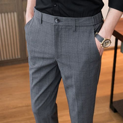 轻奢格子西裤男修身2021夏季商务正装裤子男免烫休闲裤小脚长裤子