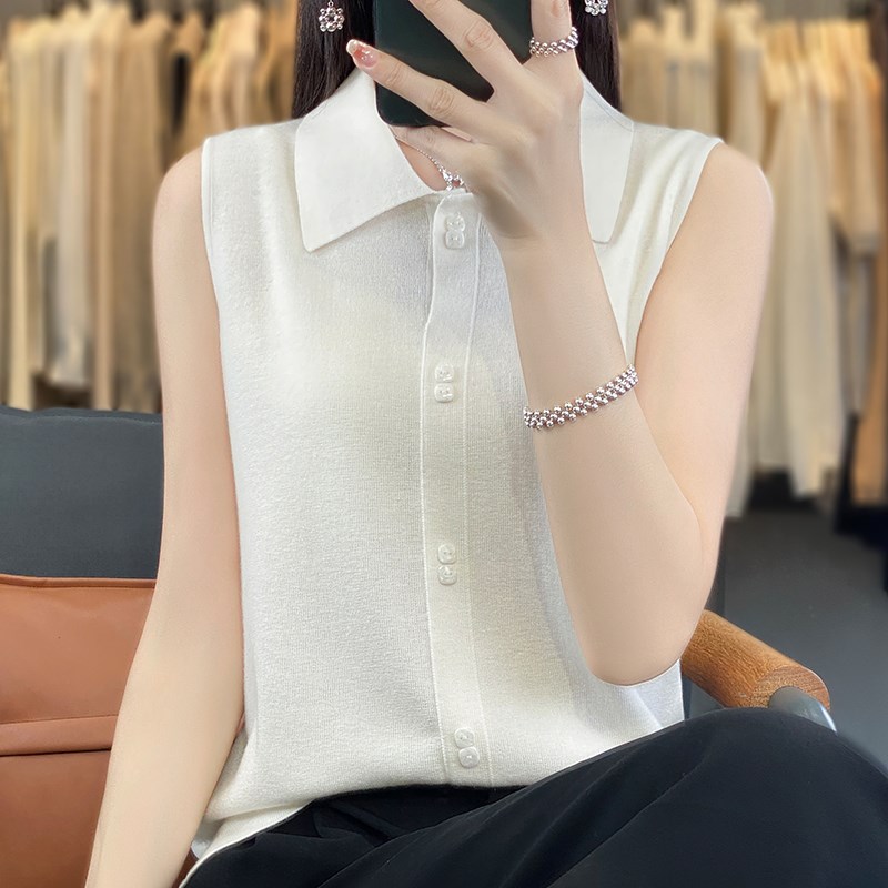气质领衬衫女无袖打底衫叠穿内搭针织背心春秋新翻领T恤大码