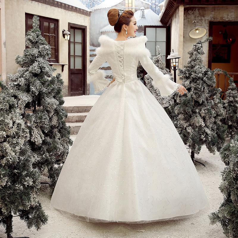 冬季婚纱礼服2021新款新娘结婚秋冬款一字肩长袖加厚保暖白色冬天