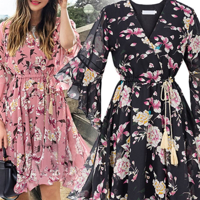 加码女士甜美胖毫米欧美夏季V领花腰折边喇叭袖中长连衣裙时髦