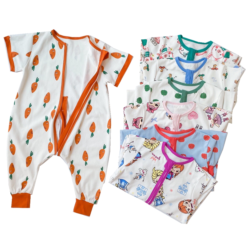 儿童连体睡衣薄款夏季纯棉短袖男女宝宝防着凉空调房分腿防踢睡袋