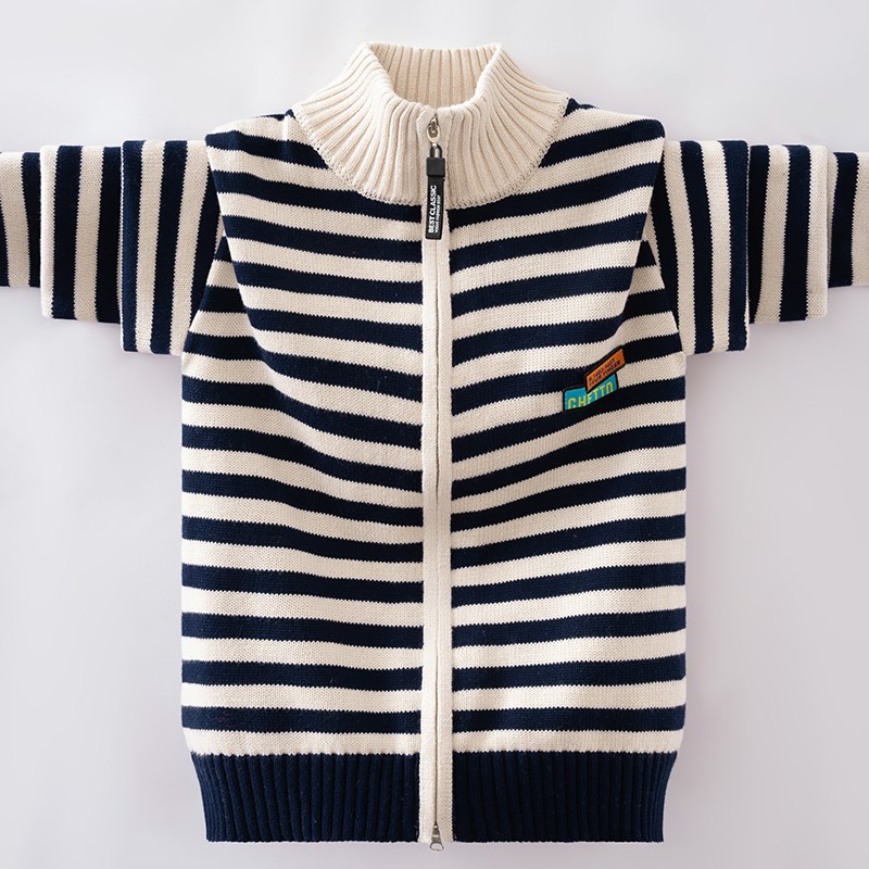 男童毛衣外套春秋2024新款儿童针织开衫洋气条纹男孩纯棉上衣秋冬