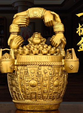 速发铜一桶金摆件纯铜金蟾元宝聚宝盆家居门店桌面共饰装作合赢一