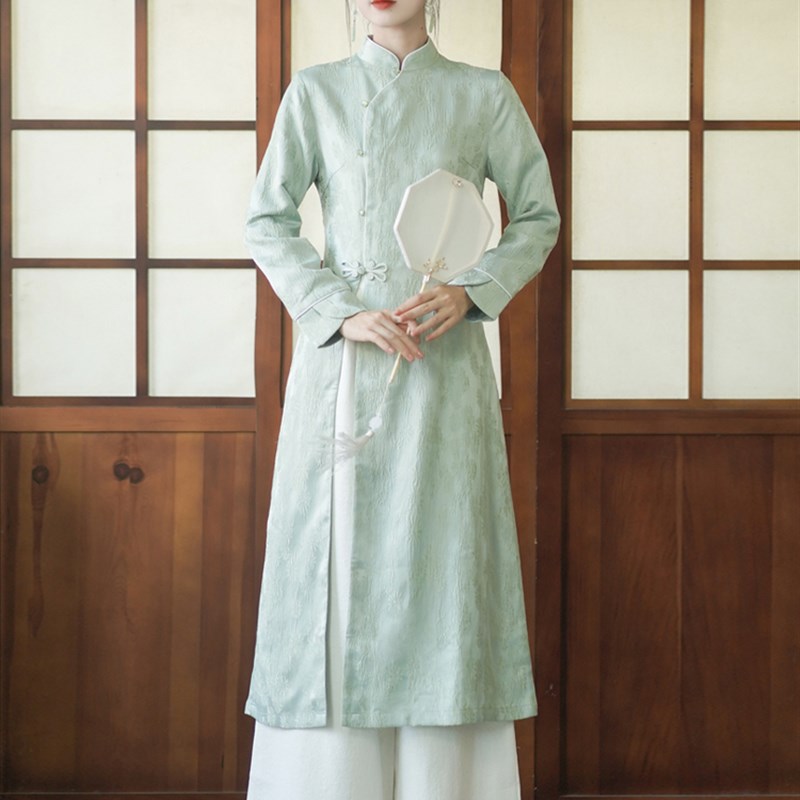 速发茶服秋冬汉服新中式国风禅意茶艺师唐作服工良旗袍绿色改装上