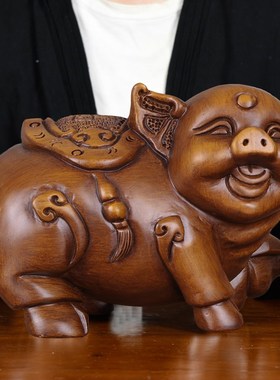 速发木品猪摆件一对 招财生肖酒创意实木工艺雕 可爱客厅猪柜装饰