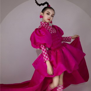 女童潮服荧光玫灯笼拖尾裙T台走秀演出服少儿甜酷港风模卡摄影服