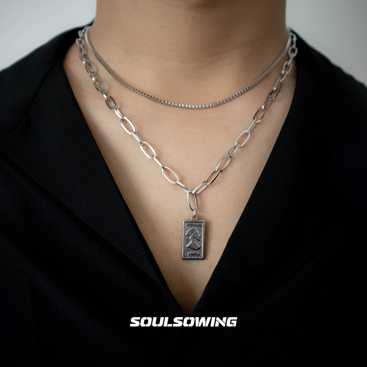 项链男款钛钢维纳斯双层人头古巴链小众设计高级感潮流痞帅不掉色