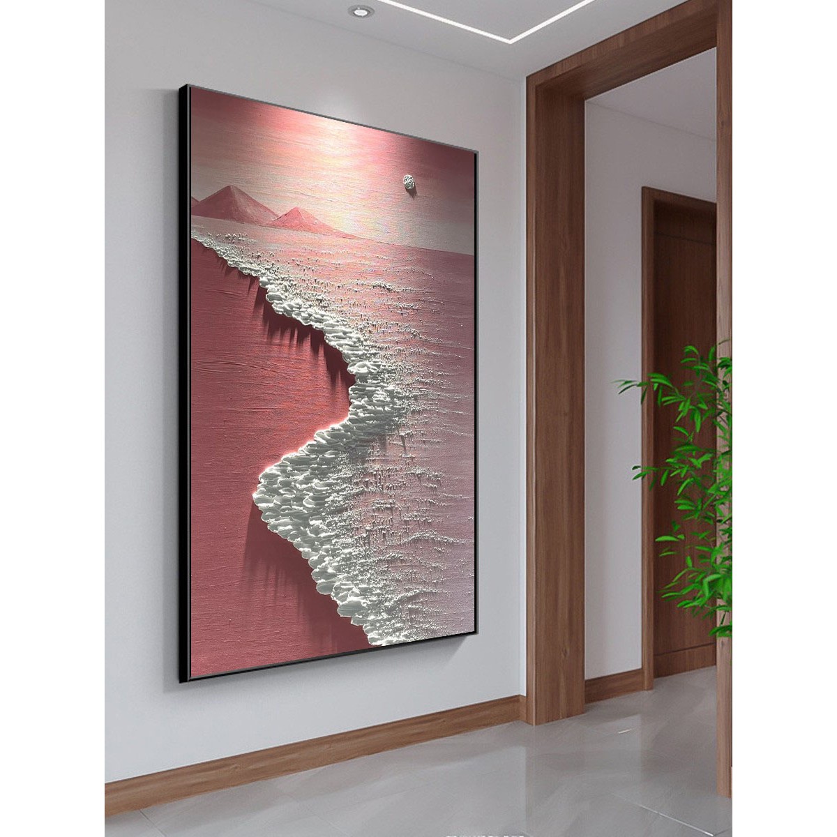手绘油画玄关挂画客厅装饰立体抽象背景入户走廊轻奢海浪肌理厚图片