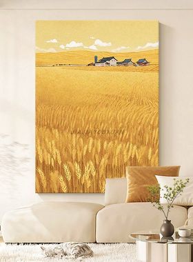 丰收麦田手绘油画田园风景客厅装饰画金黄色玄关走廊过道丙烯挂画