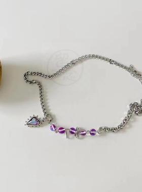 -Titanium steel chain stitching chain purple love necklace i