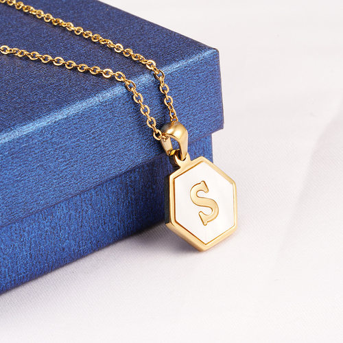 New titanium steel K gold hexagonal shell letter necklace f