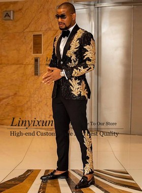 Slim Fit terno masculino Shiny Sequins Gold Applique Suits M