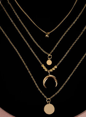 Collier Chain Necklace Multilayer Moon Alloy Metal Disc Gold