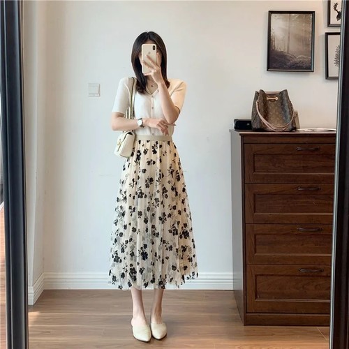 Mesh Floral Skirt Women 2021 Spring Summer Autumn Long Gauze