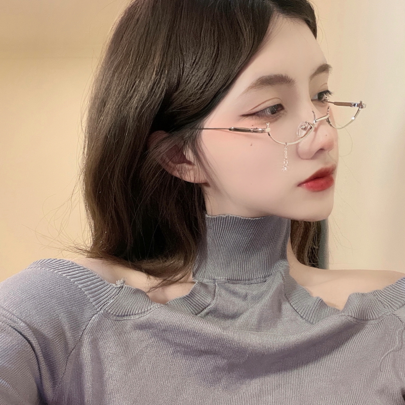 极速日系无镜片网红下半框复古链条个性无上框装饰眼镜弧形框架女