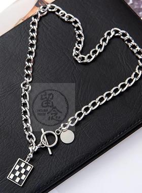-Black and white square checkerboard titanium steel necklace