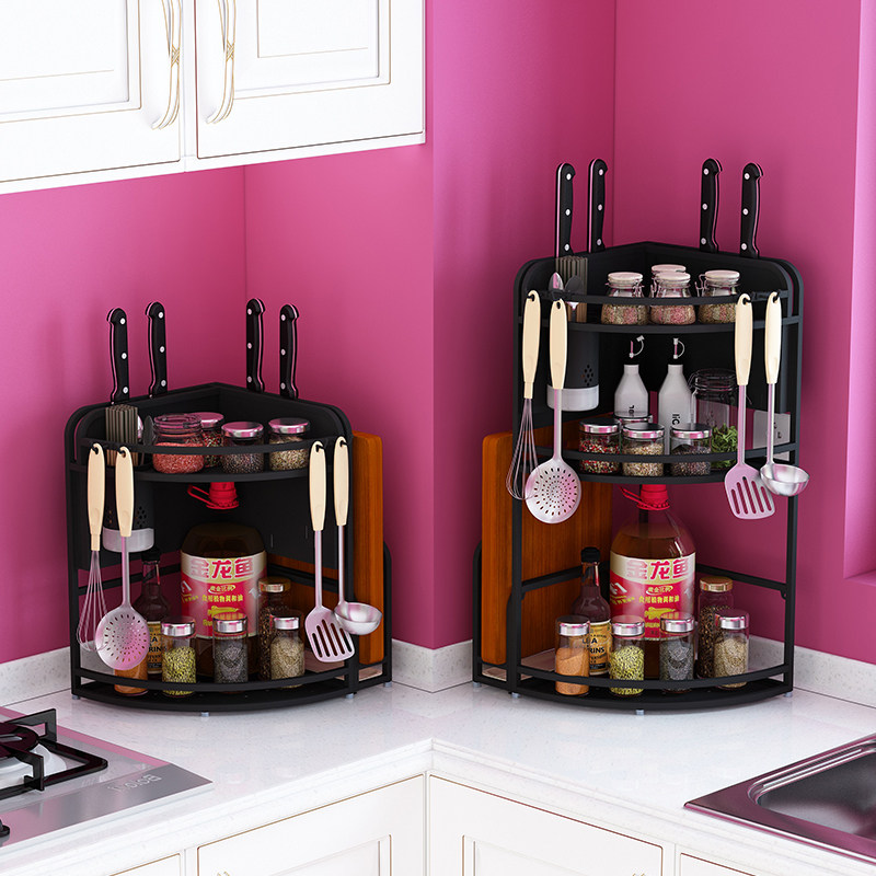 黑色不锈钢厨房调料置物架转角三角落地多功能双层酱油醋收纳架子
