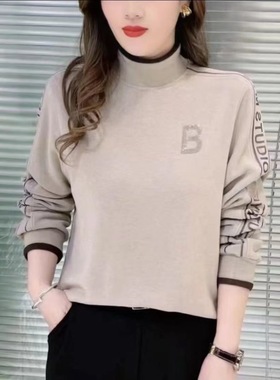 双面澳绒半高领打底衫女内搭秋冬季长袖t恤大码妈妈加厚保暖上衣