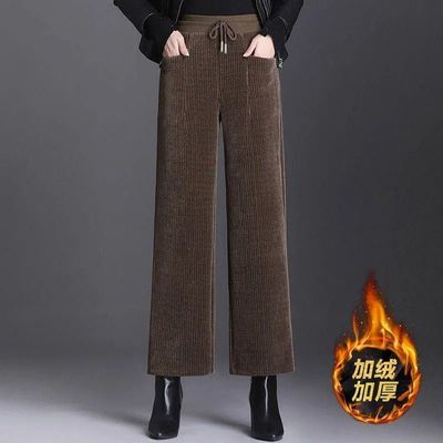 小个子阔腿裤女加绒加厚高腰2025秋冬大码宽松直筒灯芯绒九分裤子