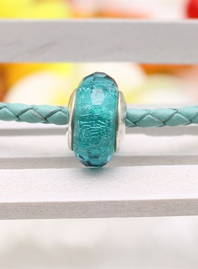 【梦想银饰】PL113 湖绿色银丝切割面拉丝925纯银琉璃珠串饰DIY珠