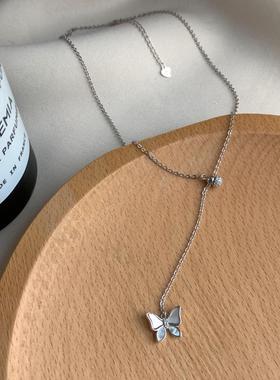 925银抽拉可调节贝壳蝴蝶银项链女小众设计感气质流苏轻奢锁骨链