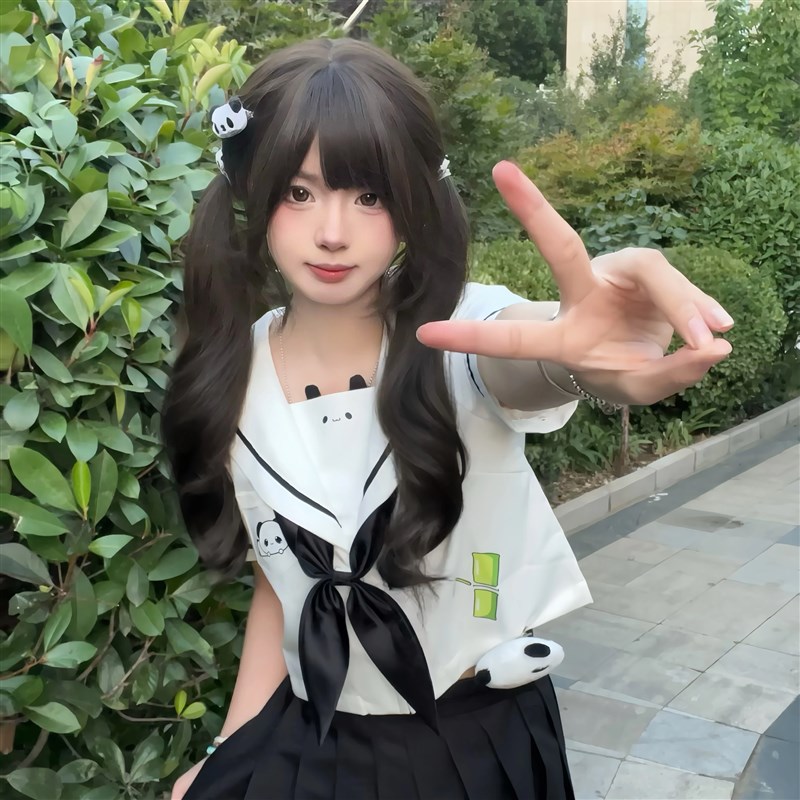 呆喵假发网红少萝自然lolita假发双马尾齐刘海新款时尚冷棕色卷发