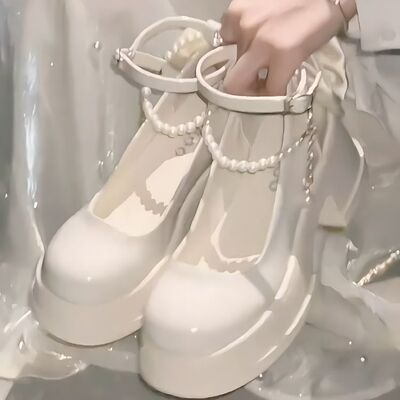 法式珍珠一字扣单鞋女