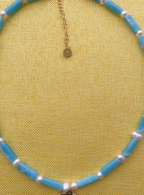 欧美2023春季新款爱心吊坠博主推荐蓝色天然石淡水珍珠项链锁骨链