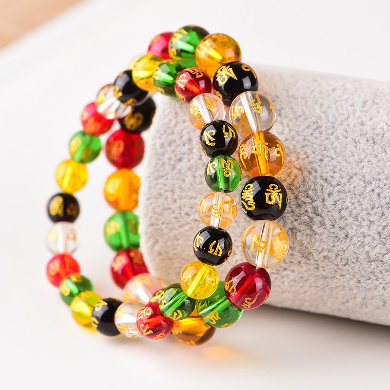 极速五行烫金六字真言手链民族风佛珠手串黑曜石男女吉祥七彩水晶