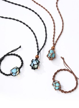 欧美时尚手錬水晶原石网兜编织项链绿松石蜡绳手工编织小众手錬女