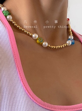 几件小事/波西米亚森系清新甜美度假风琉璃小碎花CCB圆珠锁骨项链