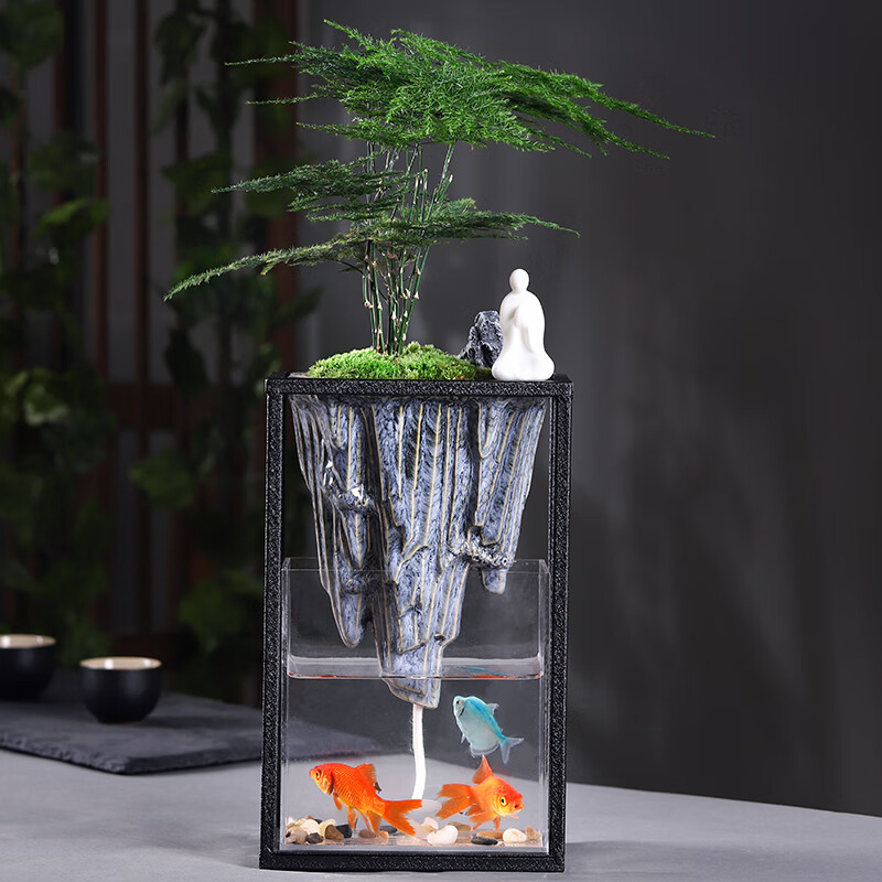 迎客松文竹盆景室内鱼缸盆栽山水倒影玄关茶室房摆件绿植造景映
