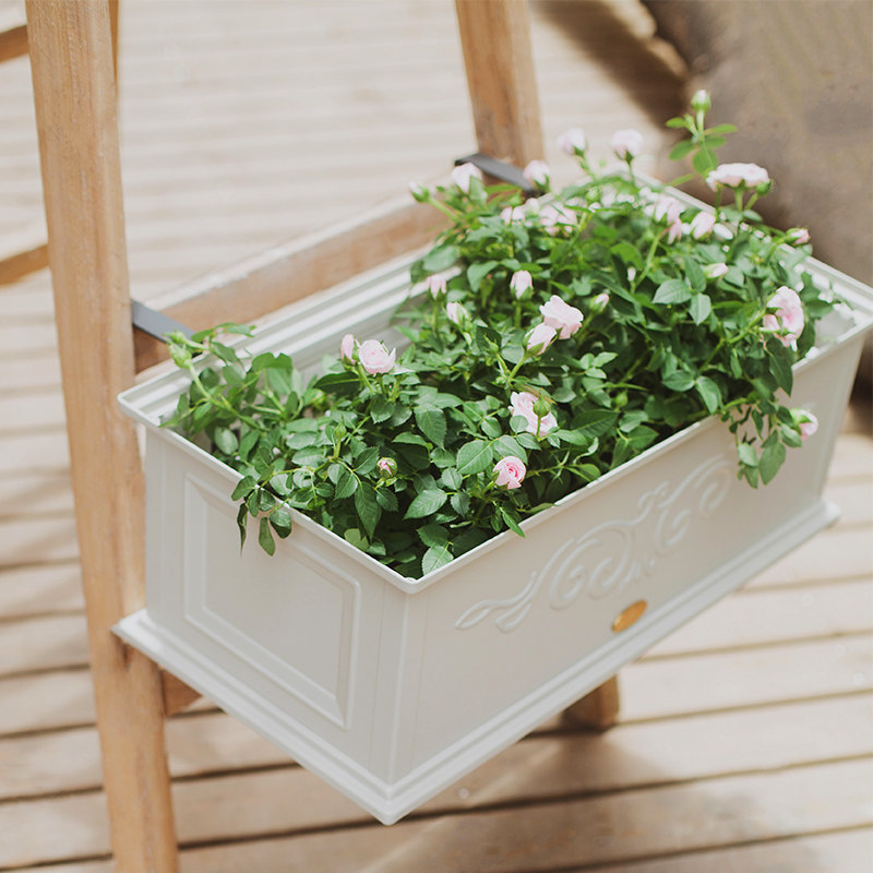 欧式铁艺悬挂式花架 复古文艺花箱 护栏大花盆 白色方花盆 长方形
