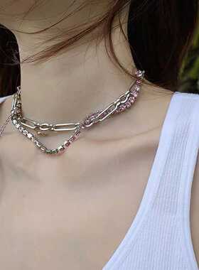 欧美夏日甜酷超仙唯美镶钻链条流苏缠绕双层叠戴项链女性感锁骨链