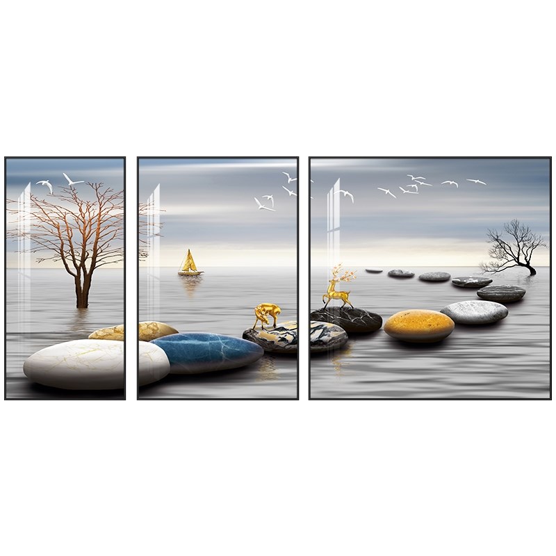 轻奢客厅晶瓷镶钻艺术感三联画挂画装饰画沙发背景墙新款2022网红图片