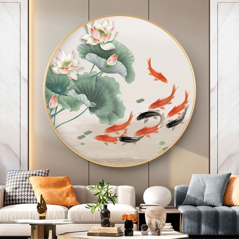 九鱼图玄关装饰画新中式圆形正对门入户画客厅壁画寓意好荷花网红图片